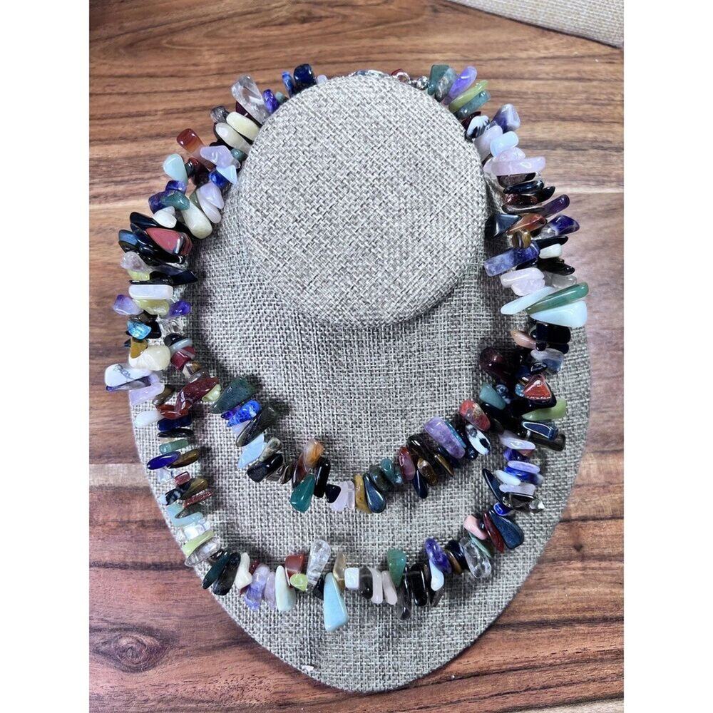 Multiple Simi Precious Stone necklace 34” 925. Findings